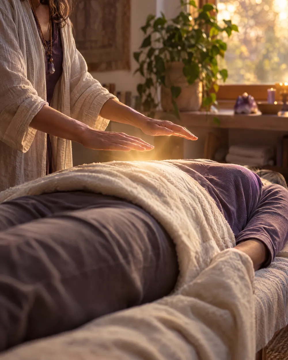 Gentle hands held above a person resting, fully clothed, on a treatment table