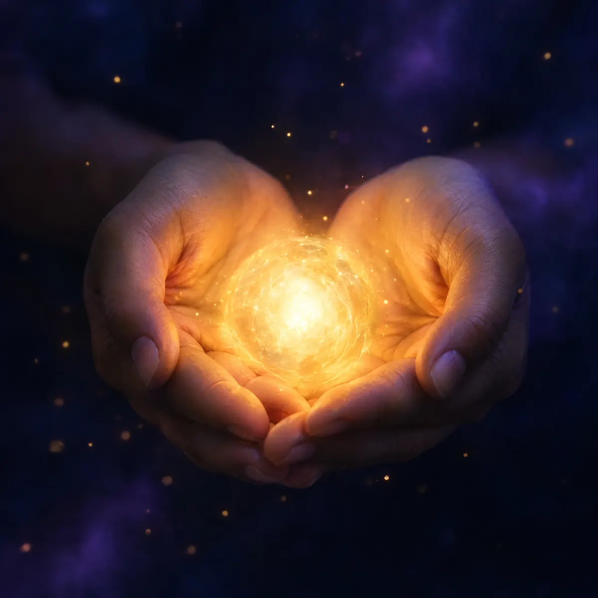Cupped hands holding a soft sphere of golden light